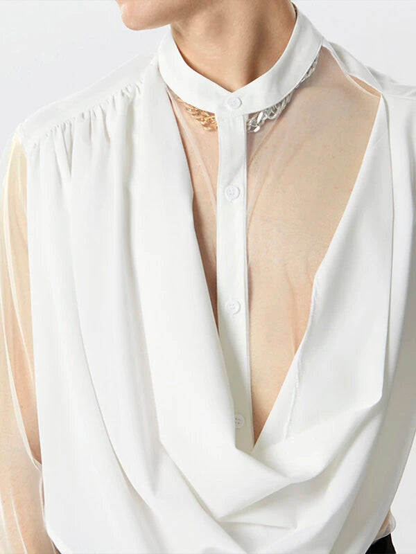 INCERUN Mens Shirt Fashion Swing Neck Patchwork Mesh Fabric Long Sleeve Shirts See Through Nightcklub Mens Clothing