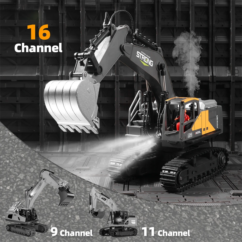 HJ Models 689-714A 1/16 2.4G 16CH RC Car Excavator Engineering Vehicles Alloy Bucket Digging 680 Rotation Spray LED Light Sound RTR Toys