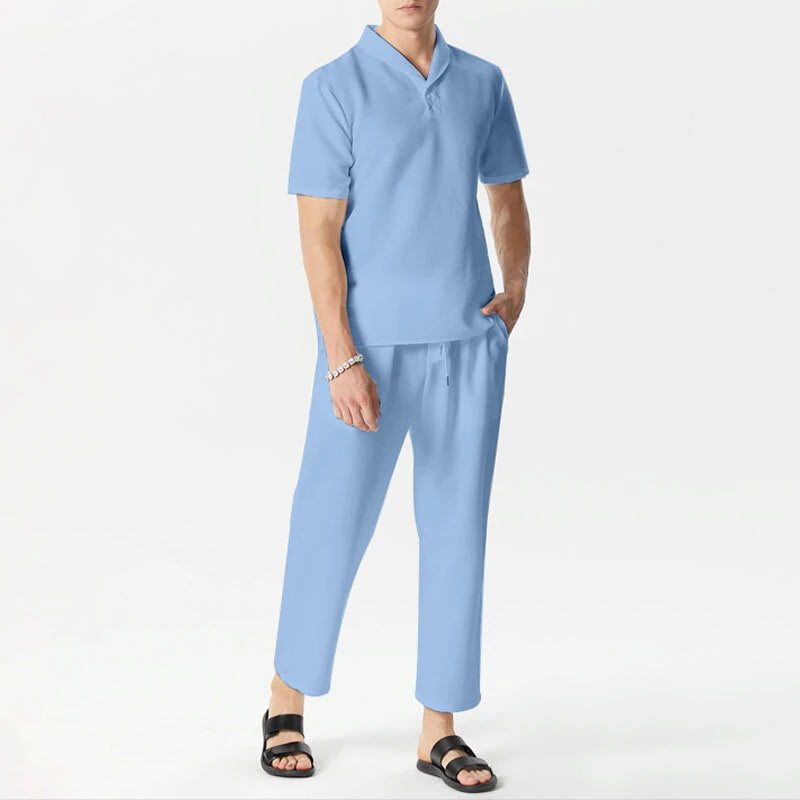 INCERUN Men Sets Summer Solid Color Casual Mens Two-piece Suits Lightweight Short Sleeved Shirt & Pant with Pockets