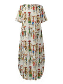 Women Ethnic Style Figure Print Round Neck Short Sleeve Loose Baggy Maxi Dresses