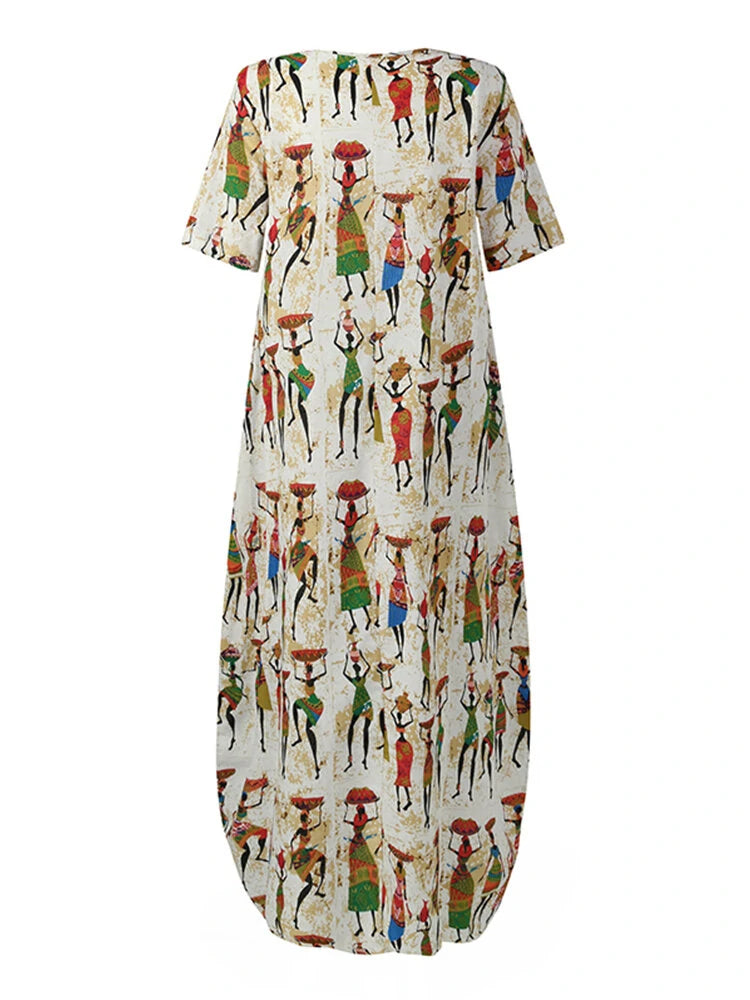 Women Ethnic Style Figure Print Round Neck Short Sleeve Loose Baggy Maxi Dresses