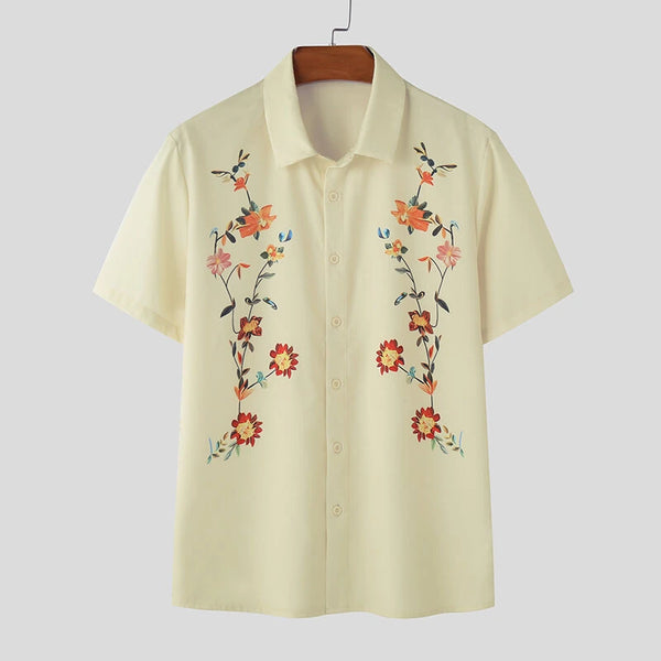 INCERUN Mens Floral Print Lapel Collar Short Sleeve Shirt Casual Daily Button Up Lapel Top FOR Men S-5XL
