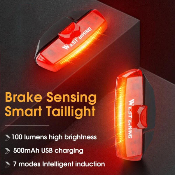 WEST BIKING 100LM Smart Brake Sensing Taillight Waterproof  USB Charging COB LED Bike Rear Light for Outdoor Road MTB Night Riding Safety
