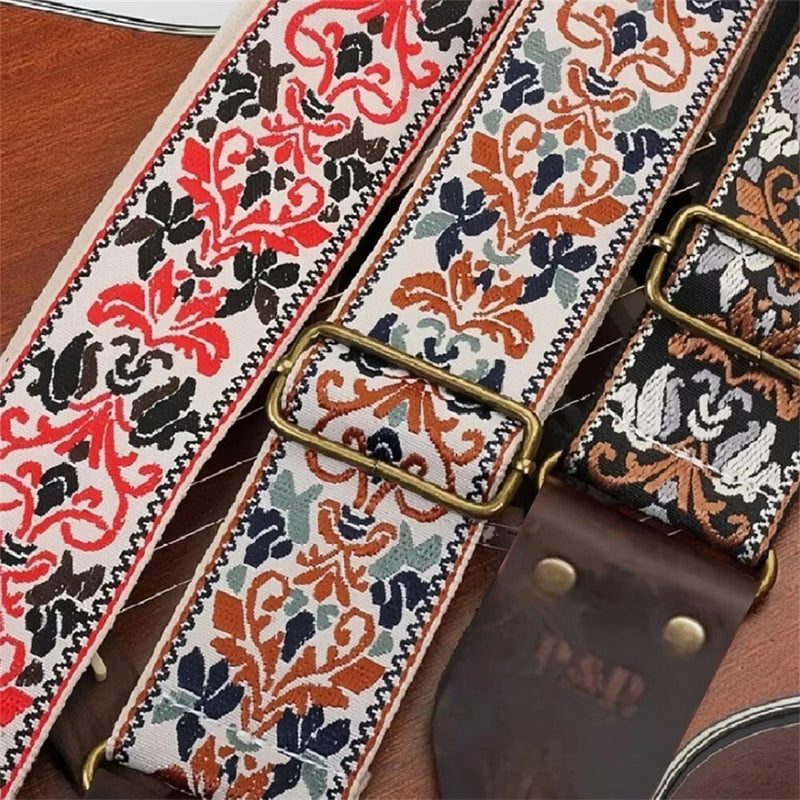 Embroidered Soft Vintage Flower Adjustable Creative Cotton Leather Guitar Strap
