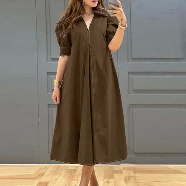 ZANZEA Women Vintage Fashion Solid Casual V-Neck Short Sleeve Dress Loose Fit with Side Pockets