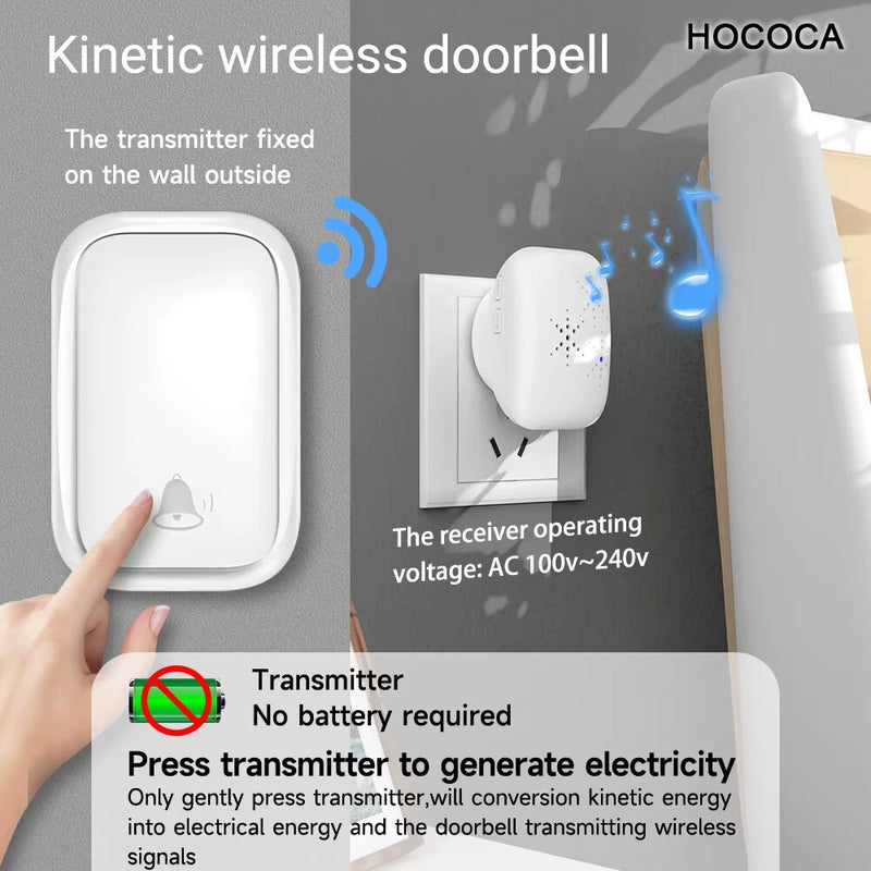 1-to-1 Battery-free Self Powered RF433 Wireless Doorbell EU Plug 38 Ringtones Outdoor IP44 Waterproof 150m Range Long Distance Door Bell