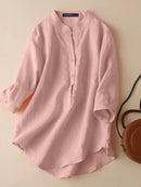 Solid Button Pocket High-Low Hem Casual Cotton Blouse