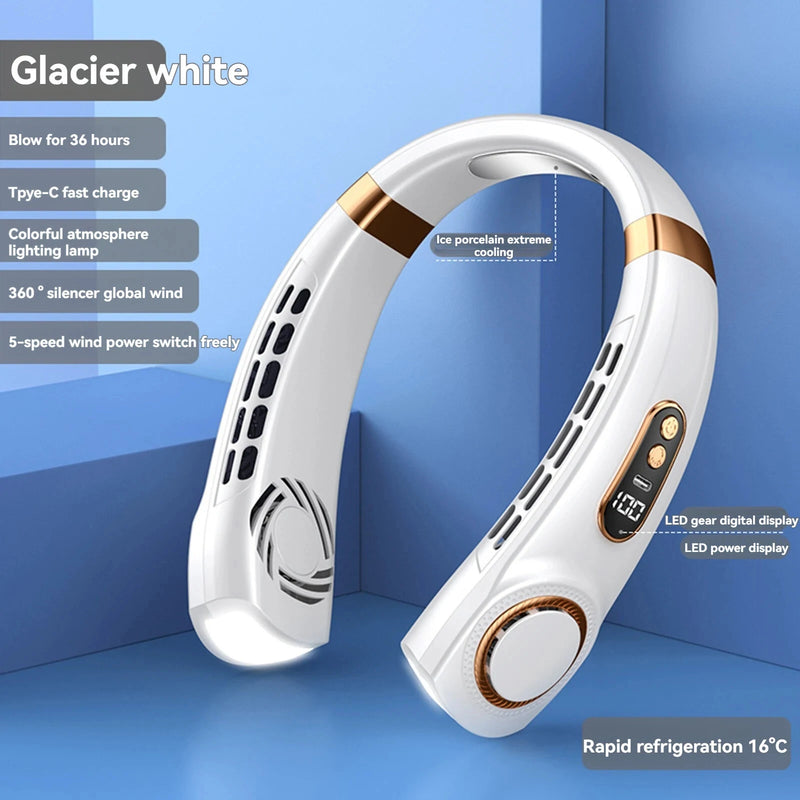 1800mAh Portable Hanging Neck Fan  Top Version  Battery Display Colorful Breathing Light Portable Halterneck Fan USB Handheld Silent Multi-function Bladeless Mini Electric Fan