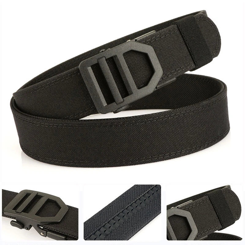 TUSHI 120cm Length Fashion Automatic Buckle Military Tactical Belt Thick Canvas Webbing Outdoor Shooting Waistband for Men Camping Hiking