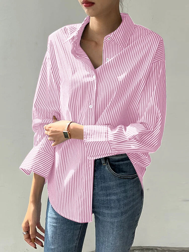 Stripe Print Long Sleeve Button Front Lapel Shirt