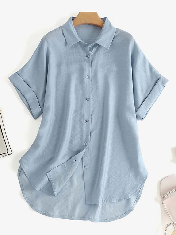 ZANZEA Women Cotton Linen Blouses Solid Button Lapel Roll Sleeve Short Sleeve Casual Shirt Plus Size