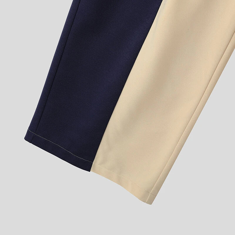 INCERUN Mens Contrast Color Workwear Pocket Pant Fashion Loose Fit Elastic Waist Drawstring Trousers S-5XL