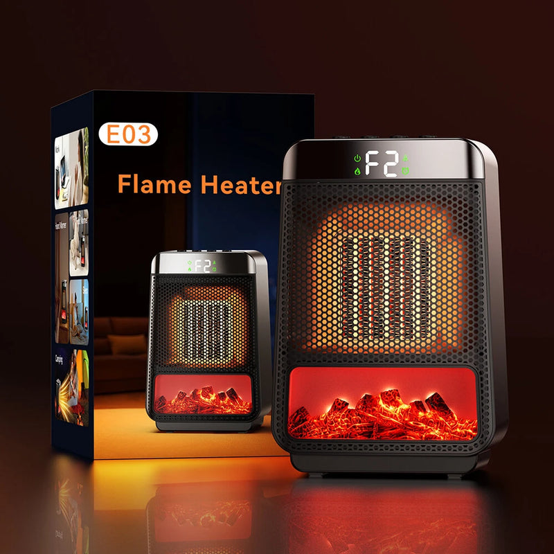 1500W 3D Dynamic Flame Heater PTC Rapid Heating Heater 2 Gear Hot Wind Ambient Light 4 Gears Timing Function for Home Office