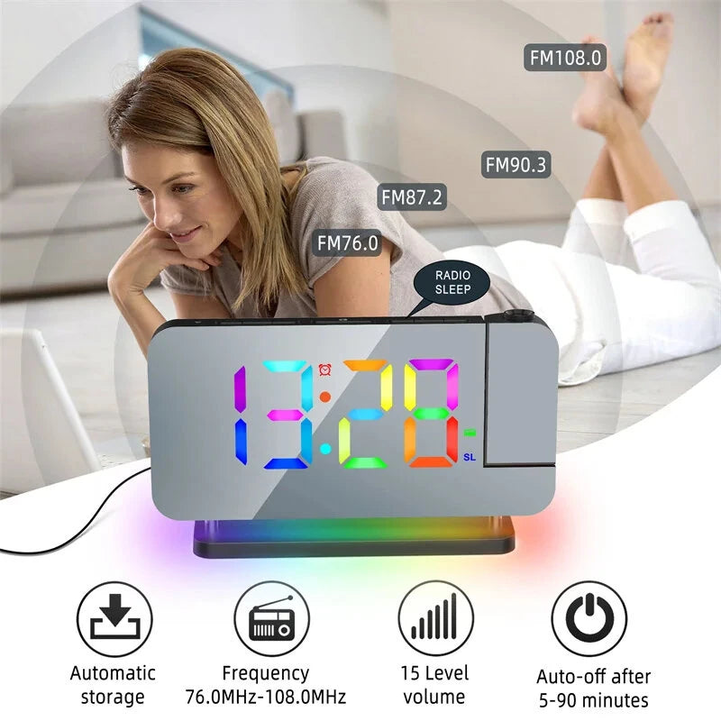 180  Rotation RGB Colorful Night Light Radio Projection Clock Projection Digital Alarm Clock With Night Light 2 USB Output Port 12H/24H FM Radio Time Projector LED Clock