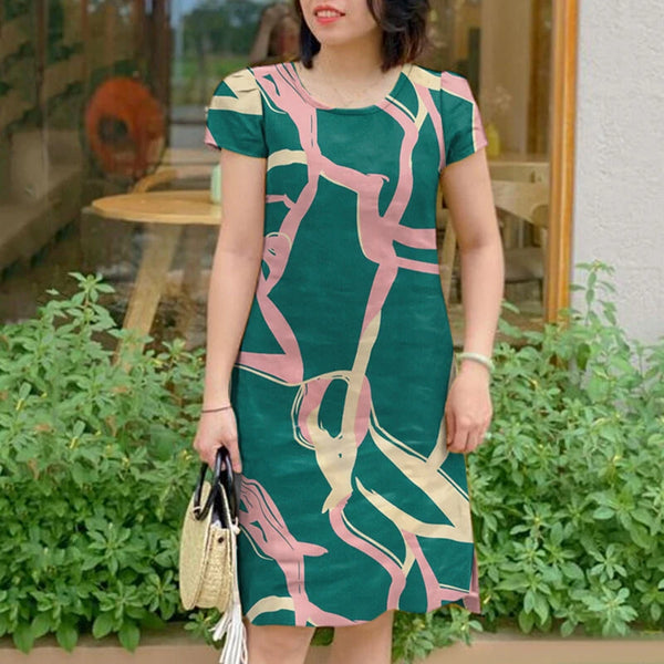 ZANZEA Women's Abstract Print Dresses Summer Commute Short Sleeve O-Neck Printed Shift Dress