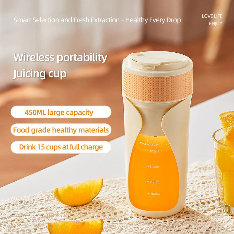 450ML Small Portable Multi-function Juicer Cordless Electric Juicing Cup with Removable Straw Strong 6-Blade Precision Steel Blade