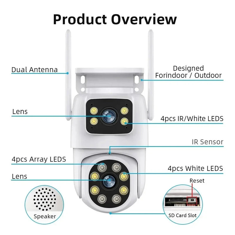 4MP Dual Lens Tuya Wifi Camera PTZ Outdoor 4K Wireless Dual Screen Security Camera Auto Tracking Monitoring Video Surveillance EU Plug