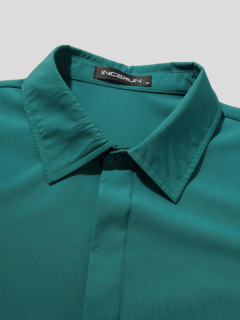 INCERUN Mens Shirt Solid Color Short Sleeve Shirts Summer Daily Lapel Casual Men's Top Shirts