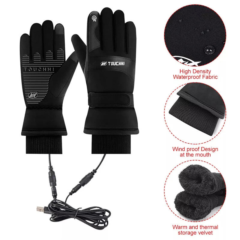 TENGOO USB Heated Gloves for Men Cycling Gloves Winter Waterproof Cold Padded Thickened Touch Screen Gloves Charging Heating Warm Gloves Outdoor Camping Skiing Motorcycle Gloves