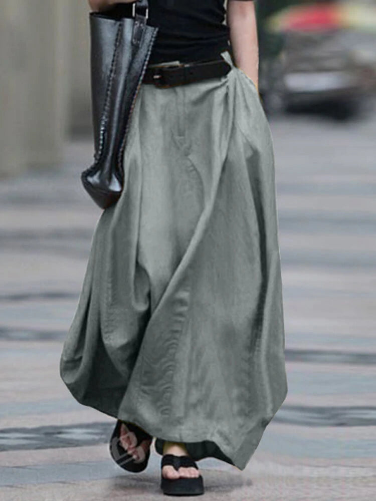 Women Cotton High Elastic Waist Side Pocket Zipper Solid Casual Skirts