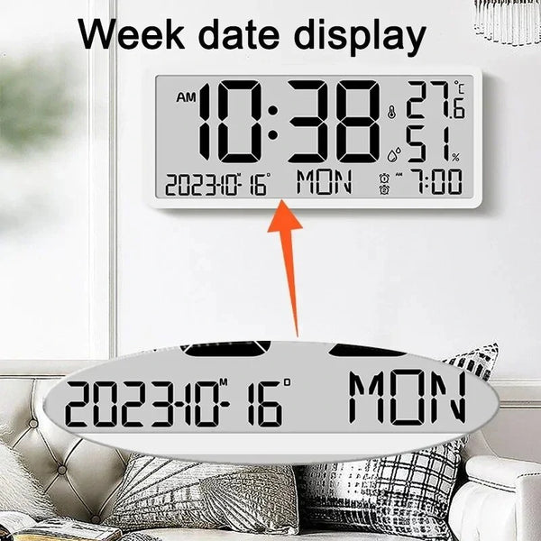 Large LCD Digital Wall Clock Temperature Humidity Display Alarm Clock Hanging/Desktop Digital Clock Plugged in Electronic Desktop Clock for Home and Offices