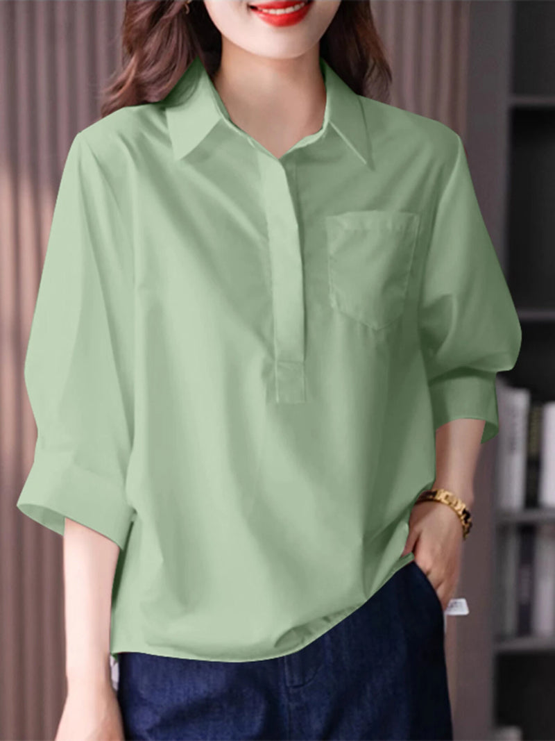 ZANZEA Womens Lapel Blouses 3/4 Length Sleeve Solid Color Shirts with Chest Pocket
