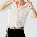 INCERUN Men's Hollow Lace Loose Short Sleeve Shirts