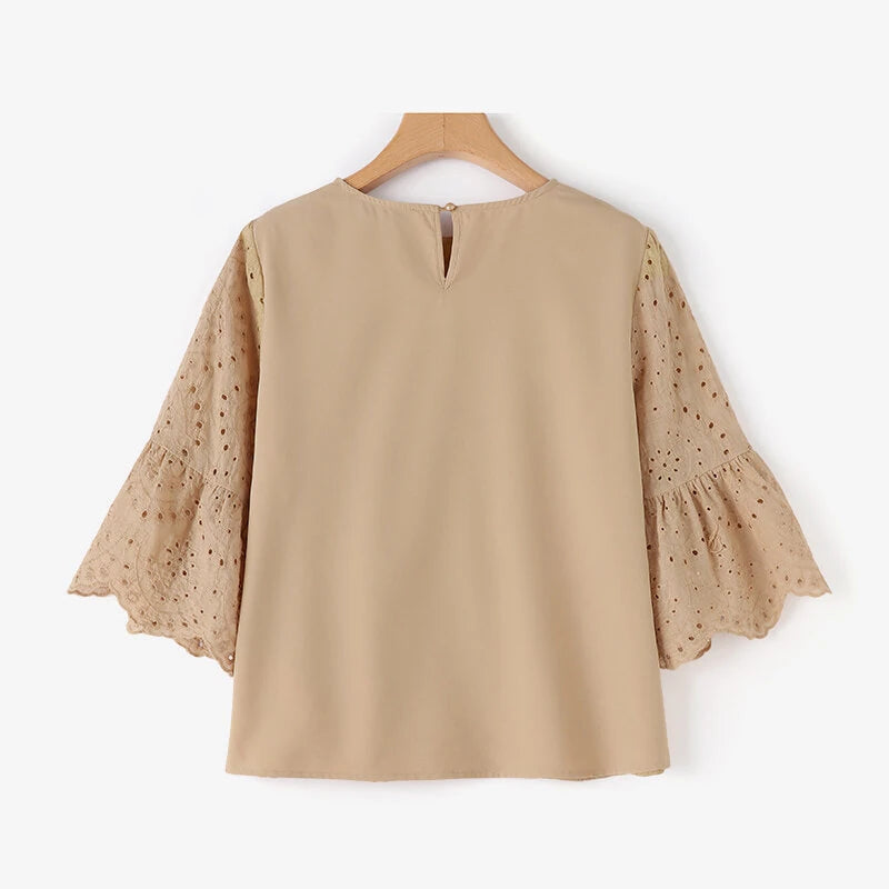 ZANZEA Plus Size Women Floral Lace Splicing Crew Neck Blouse, Elegant 3/4 Loose Petal Sleeve Blouse For Spring & Summer, Women's Clothing S-5XL