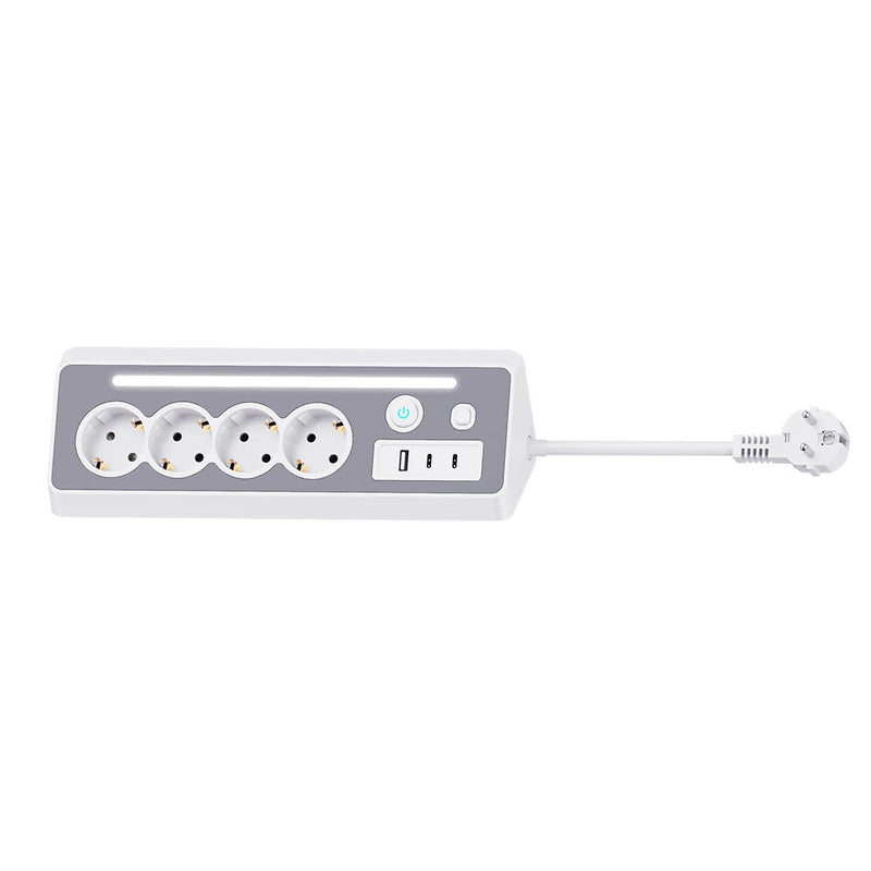 European Power Strip 4 Sockets with USB and Type-C Ports LED Light 3680W 250V 16A Flame Retardant PC Material 1.4m Cable