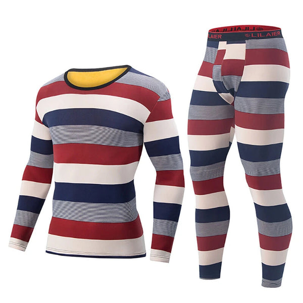 TENGOO 2 Pcs Men's Striped Thermal Underwear, Compression Thermal Base Layer Set, Comfy Moisture Wicking & Breathable Basic Long Sleeve & Leggings Casual Men Warm Underwear Set, Long Johns Set, Men's Thermal Clothing