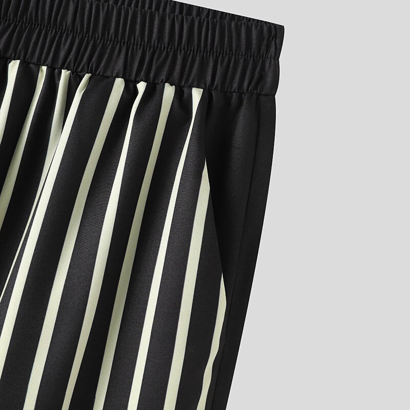 INCERUN 2 Piece Men's Striped Casual Outfit Set, Collar Button Up Top And Elastic Waist Wide Leg Trousers Set for Daily Wear Spring Fall Plus Size S-5xl