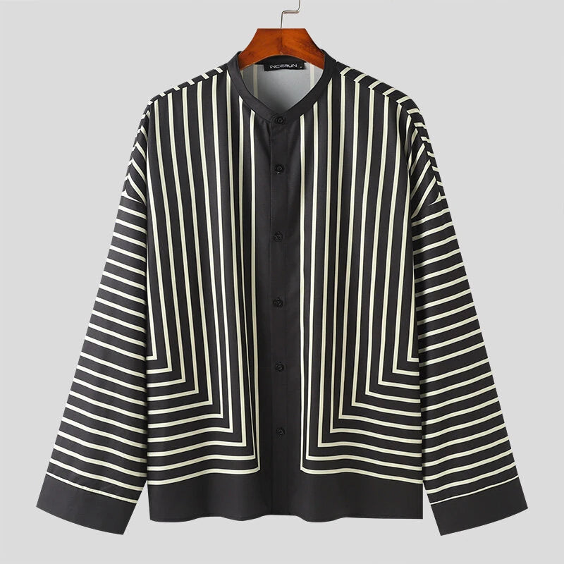 INCERUN 2 Piece Men's Striped Casual Outfit Set, Collar Button Up Top And Elastic Waist Wide Leg Trousers Set for Daily Wear Spring Fall Plus Size S-5xl