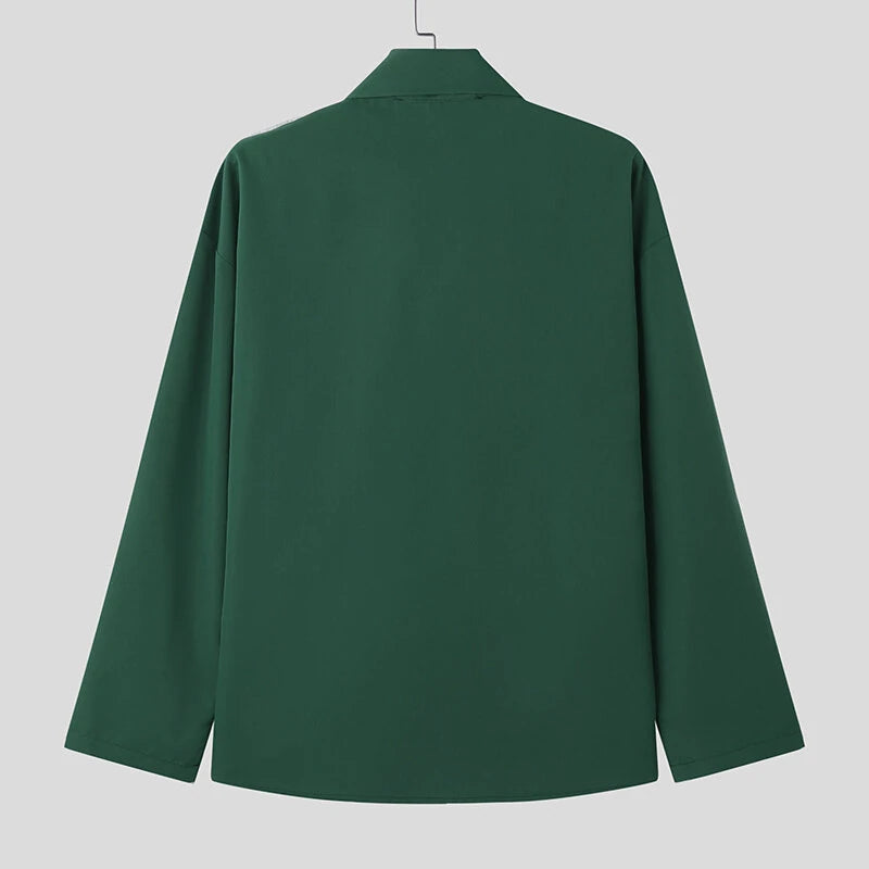 INCERUN Mens Solid Color Tie Design Long-Sleeve Shirt Fashion Casual Top Shirt for Male