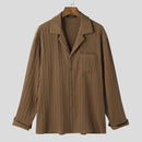 INCERUN Men's Casual Shirt Solid Color Long Sleeve Lapel Collar Button-Down Daily Shirt with Single Color Stripes, Loose Fit