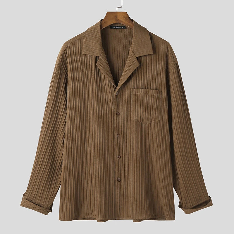 INCERUN Men's Casual Shirt Solid Color Long Sleeve Lapel Collar Button-Down Daily Shirt with Single Color Stripes, Loose Fit