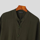 INCERUN Mens V Neck Long Sleeve Shirt Fashion Solid Color Lace Up Top Shirt for Male