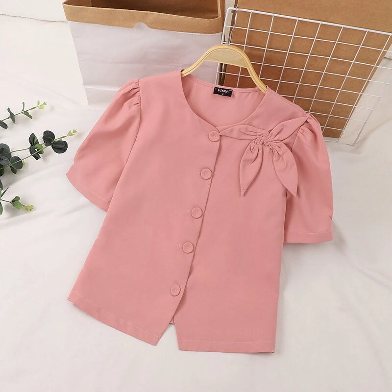 VONDA Womens Elegant Bowknot Decorate Puff Sleeve Blouses Temperament Button Shirts
