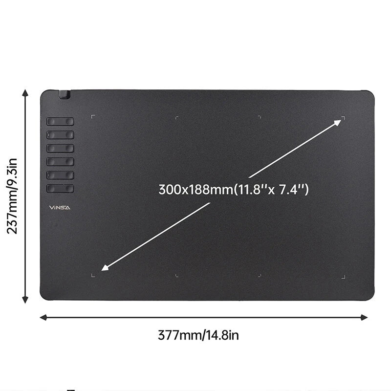 VINSA T1161 Graphics Drawing Tablet with 12 Physical Shortcut Keys 300x188mm Sensing Area 8 Pen Nibs Art Creation Sketches with 8192 Levels Pressure Battery-free