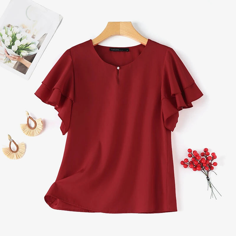 ZANZEA Women Fashion Short Sleeve Ruffles Blouse Elegant Office OL Shirt Casual O Neck Solid Tops