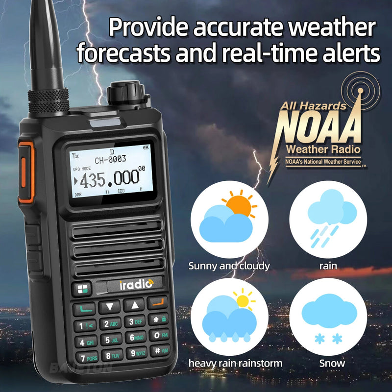 iRadio DM-UV4R DMR Digital Analog Walkie Talkie Dual Mode 1024 Channels AES-256 Encryption UHF VHF Wide Frequency Range NOAA Weather Alerts Type C Charging Two Way Radio
