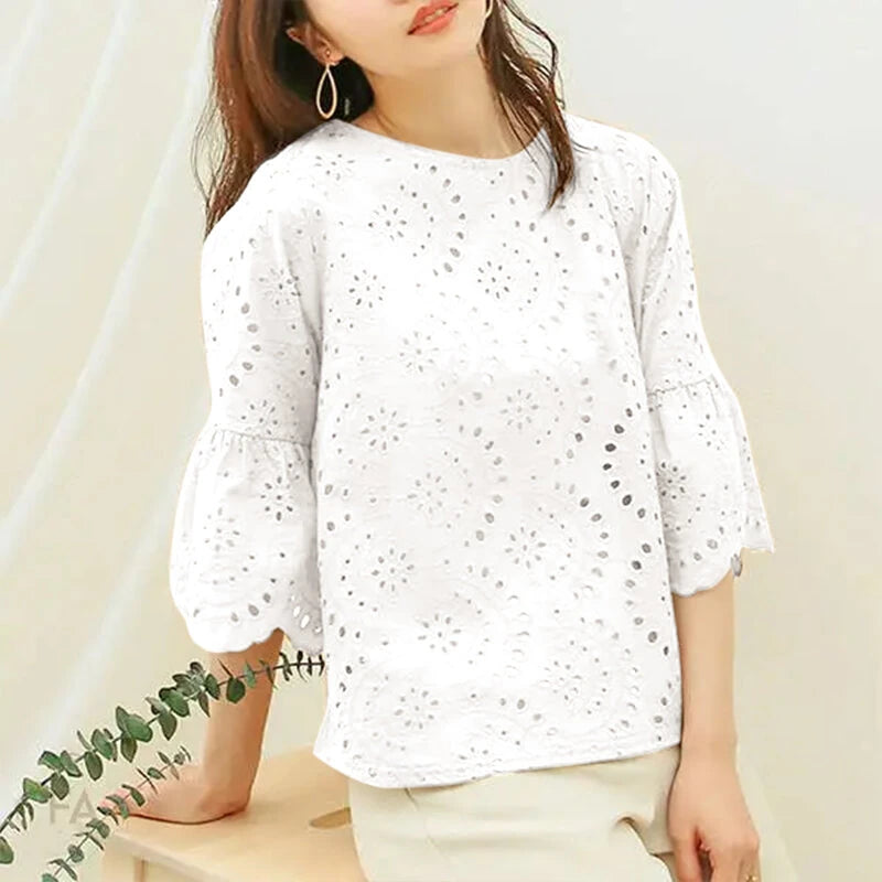 ZANZEA Plus Size Women Floral Lace Splicing Crew Neck Blouse, Elegant 3/4 Loose Petal Sleeve Blouse For Spring & Summer, Women's Clothing S-5XL