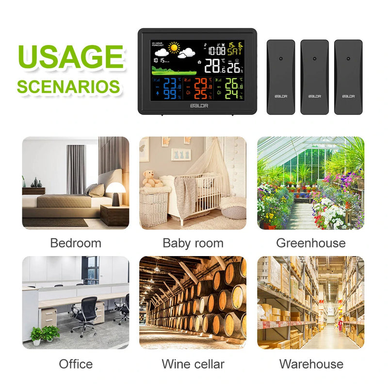 BALDR Weather Station Alarm Clock Wireless Indoor Outdoor Thermometer with Atomic Clock Forecast Station 3 Outdoor Sensors