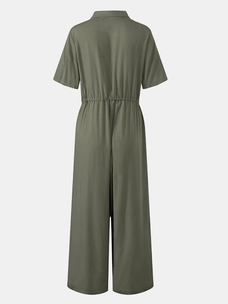 Women Button Front Camp Collar Cargo Style Short Sleeve Jumpsuits With Pocket