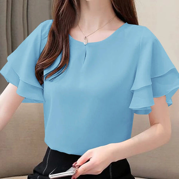 ZANZEA Women Fashion Short Sleeve Ruffles Blouse Elegant Office OL Shirt Casual O Neck Solid Tops