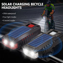 Solar Rechargeable Bike Headlight LED Super Brightness 4000mAh Battery Waterproof 4 Light Modes Warning Flashlight with 120dB Horn for Night Cycling
