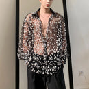 INCERUN Men Long Sleeve Mesh Shirts Turn Down Collar Casual Printing Shirt Man See Through Loose Blouse Fashion Party Blusas