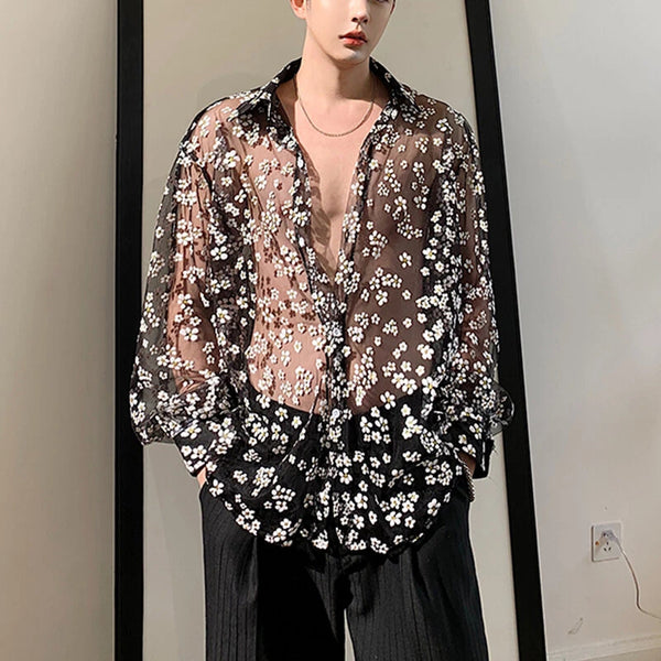 INCERUN Men Long Sleeve Mesh Shirts Turn Down Collar Casual Printing Shirt Man See Through Loose Blouse Fashion Party Blusas