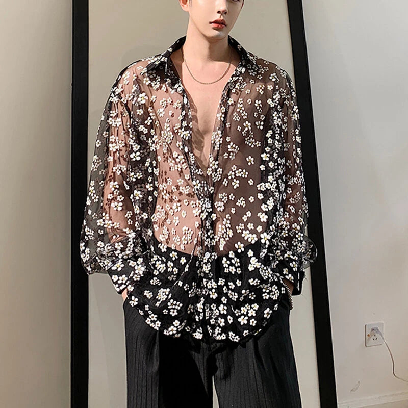 INCERUN Men Long Sleeve Mesh Shirts Turn Down Collar Casual Printing Shirt Man See Through Loose Blouse Fashion Party Blusas