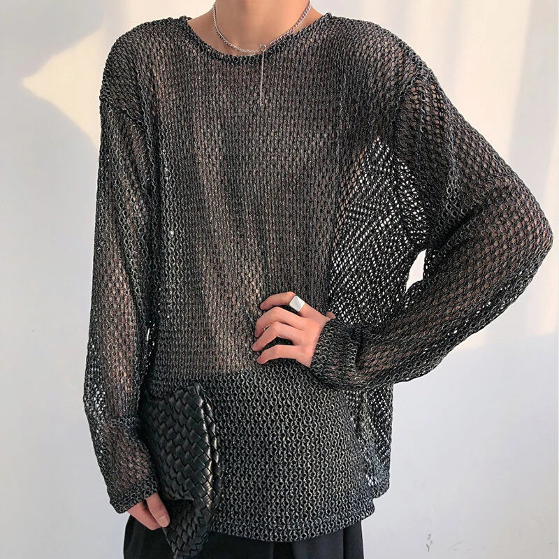 INCERUN Mens T-shirt Hollow Out Loose Fit Tee Fashion Casual Black T Shirt Summer Comfy Round Neck Long Sleeve Top