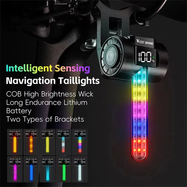 WEST BIKING RGB Colorful Dynamic LED Bicycle Taillight Smart Sensor Brake Digital Power Display Waterproof USB Rechargeable Bike Rear Light for Outdoor Night Safe Cycling